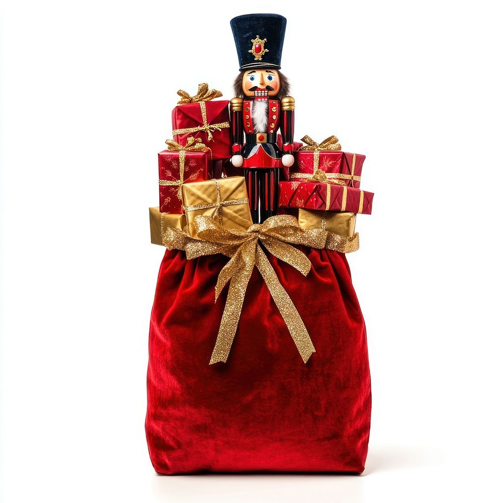 Christmas red bag filled with gift boxes nutcracker christmas gifts.