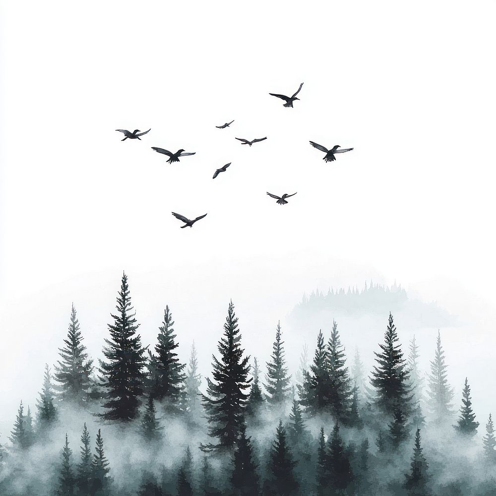 Forest with spruce trees flying birds nature.