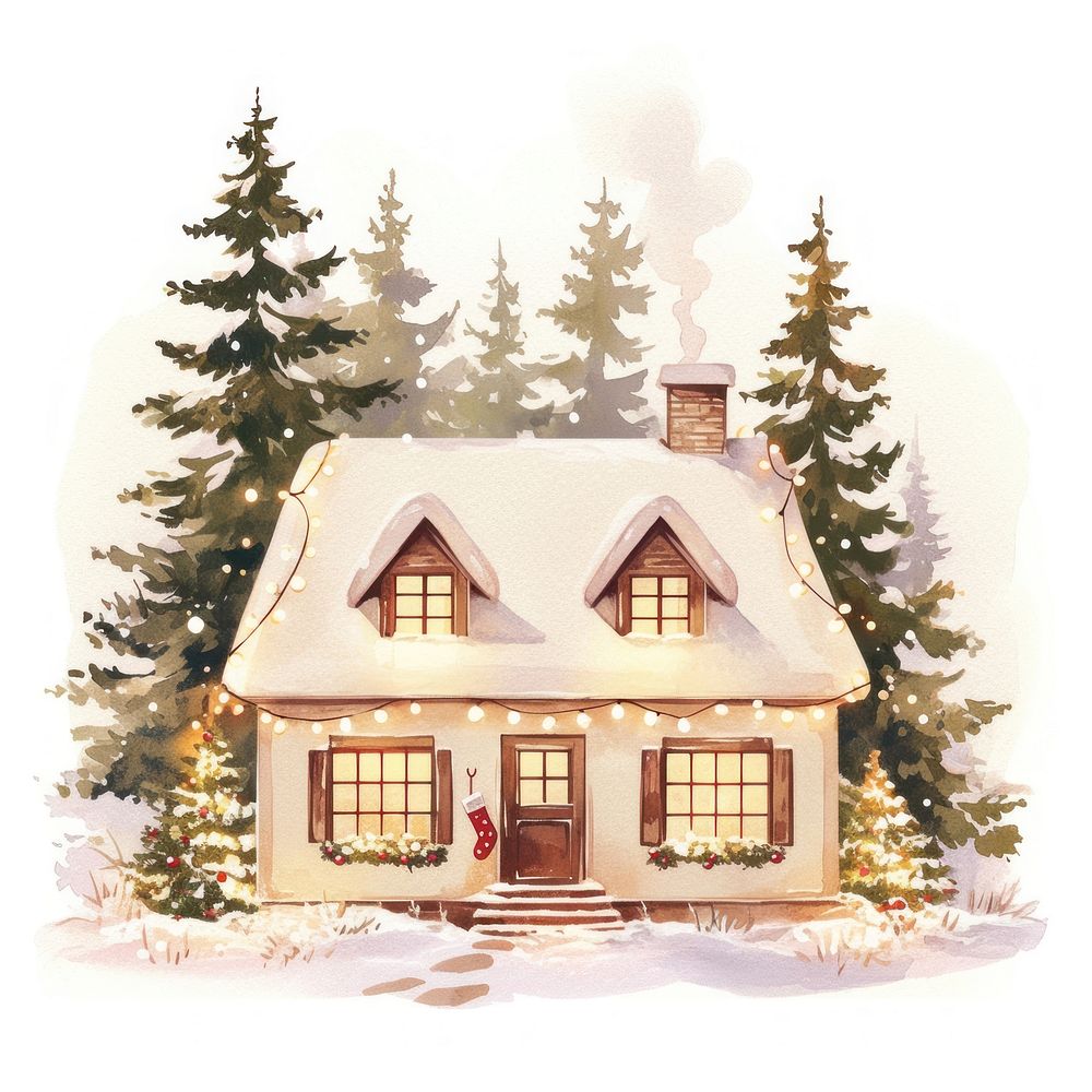 A cozy Christmas house nestled in the forest christmas trees illustration.