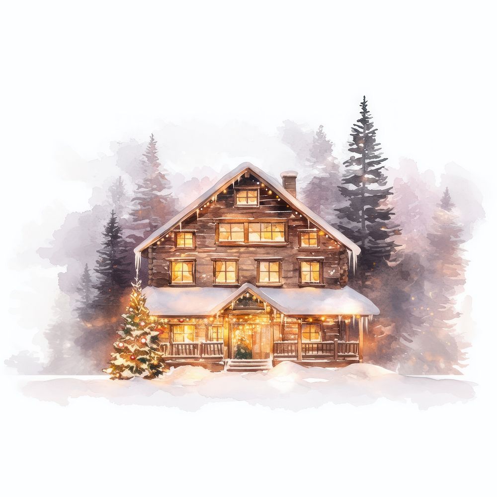 A cozy Christmas wooden house in the forest christmas illustration lights.