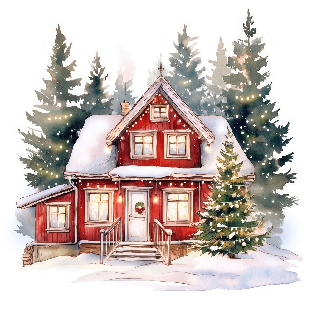 A cozy Christmas red house nestled in the forest christmas trees lights.