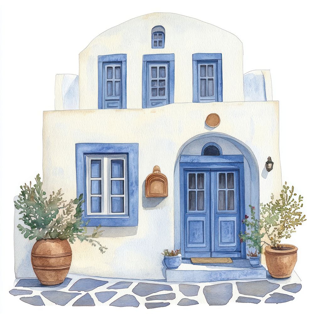 Greek Santorini townhouse architecture illustration watercolor.