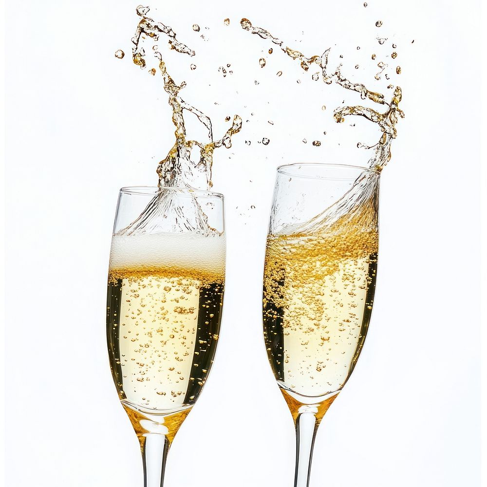 2 glasses of splash champagne toasting cheers drink wine.