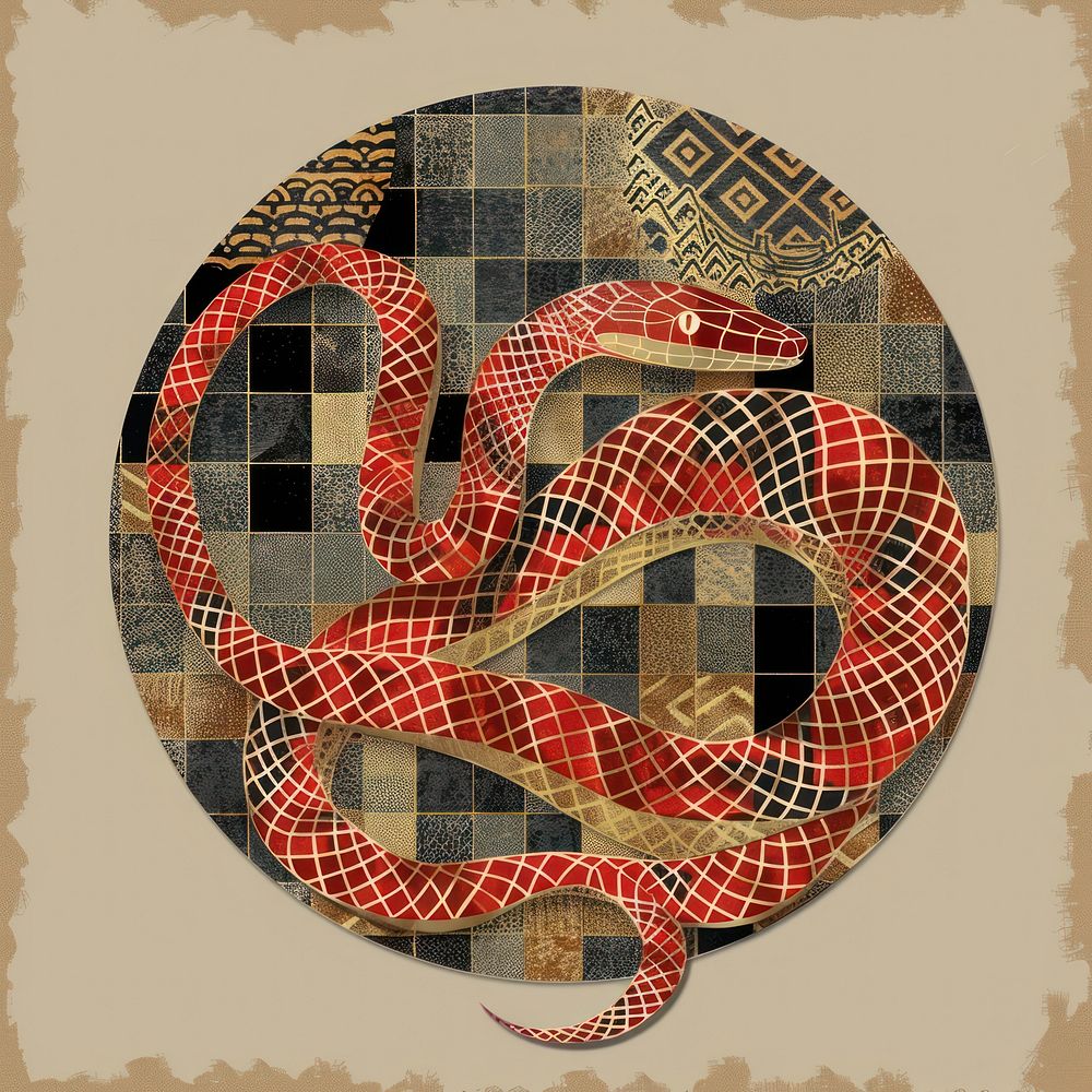 Snake retro paper collage pattern design art.