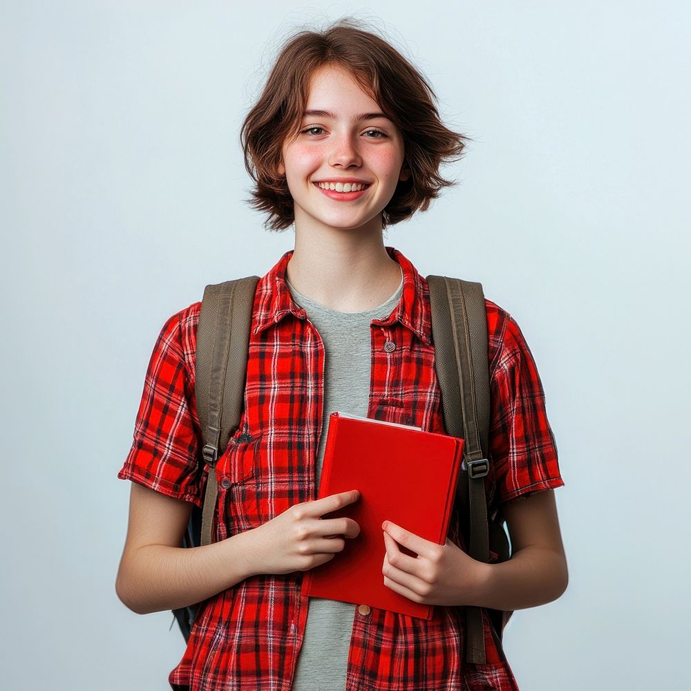 Student backpack smiling happy.