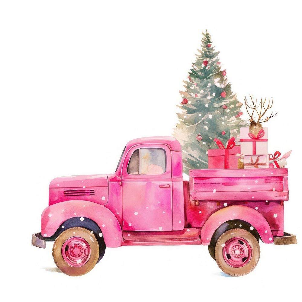 Pink christmas truck illustration watercolor tree.