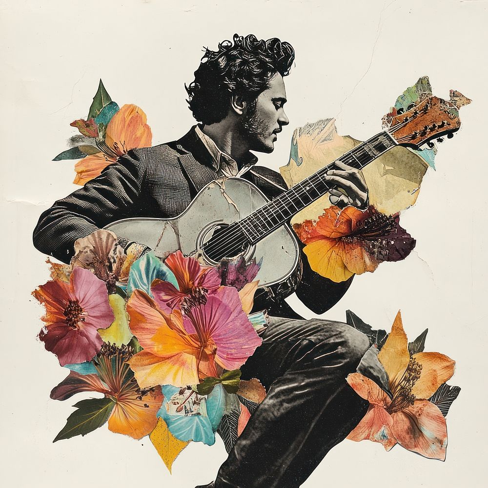 Paper collage of guitarist musician colorful flowers.