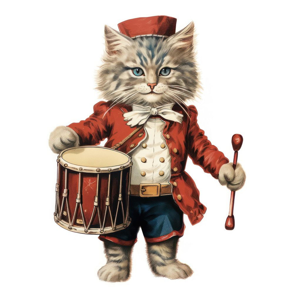 Little drummer cat Christmas illustration musician vintage.