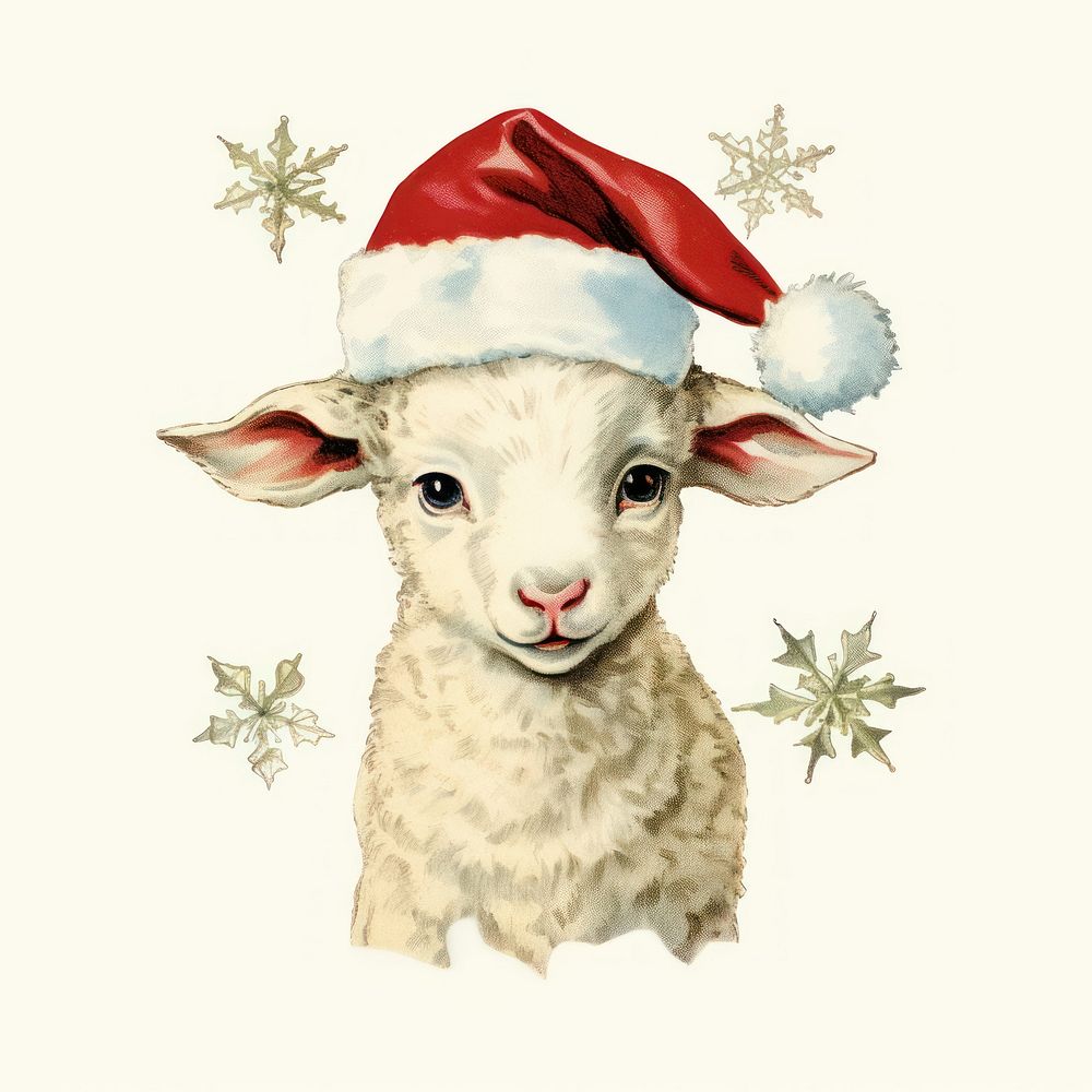 Lamb wearing christmas hat art illustration animal.