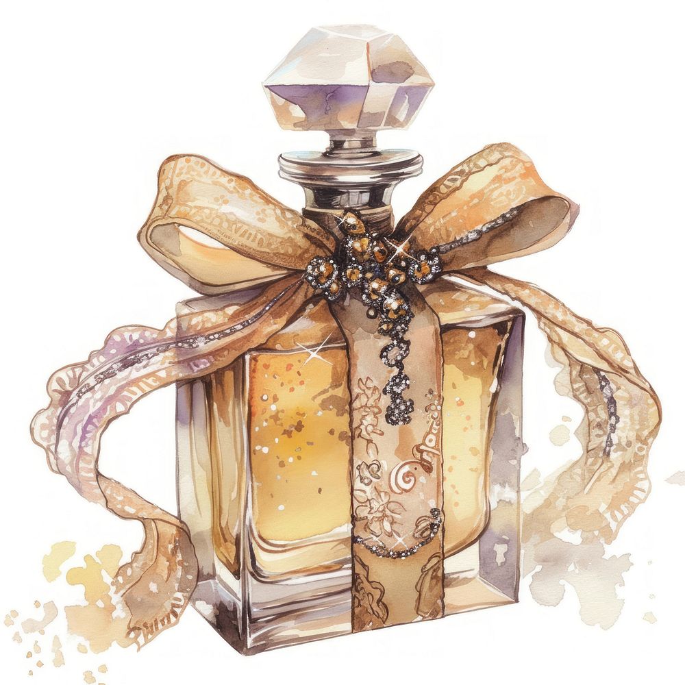 Coquette perfume bottle watercolor ribbon art.