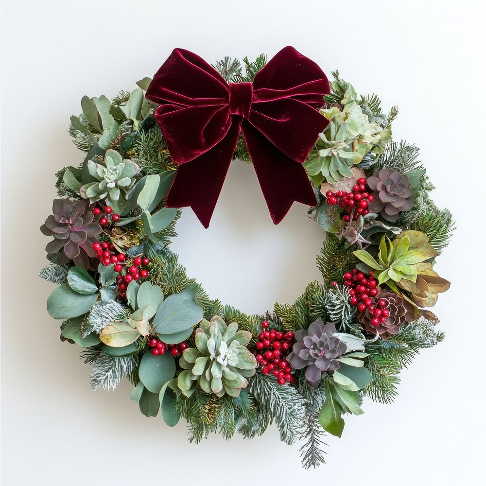 Christmas round wreath decorated with red berry green pine wreath and tied with red velvet big bow ribbon at the top berries…