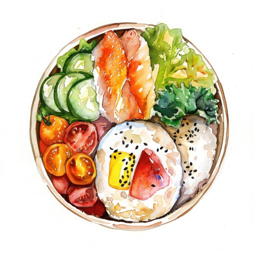 An isolated Bento food illustration watercolor.