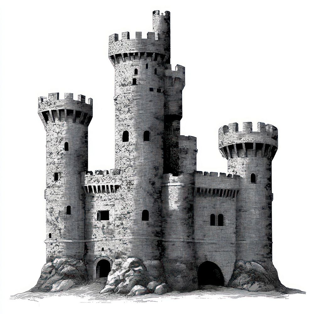 Castle retro photocopy stipple effect architecture building fortress.