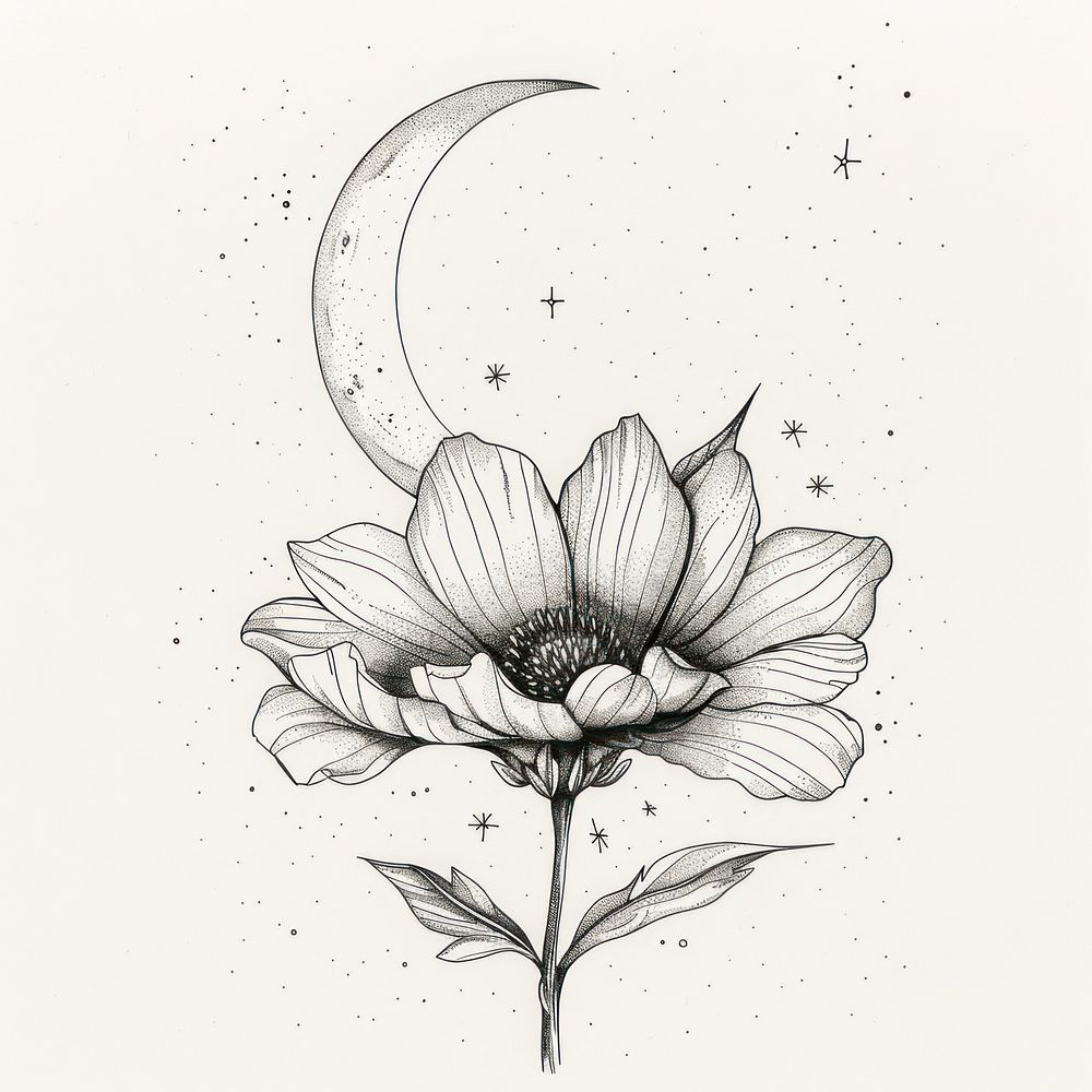 Celestial illustration of Flower with Crescent Moon flower crescent white.