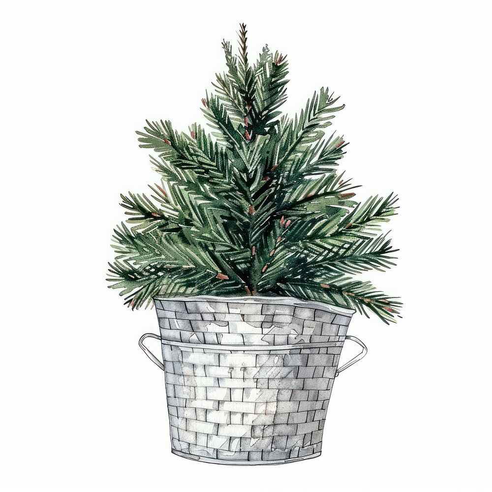 A Pine tree in a silver basket illustration christmas festive.