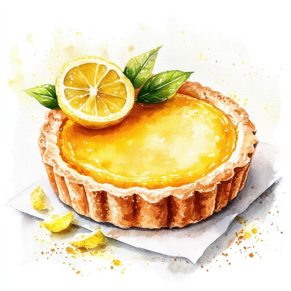 Lemon curd tart dessert illustration watercolor.