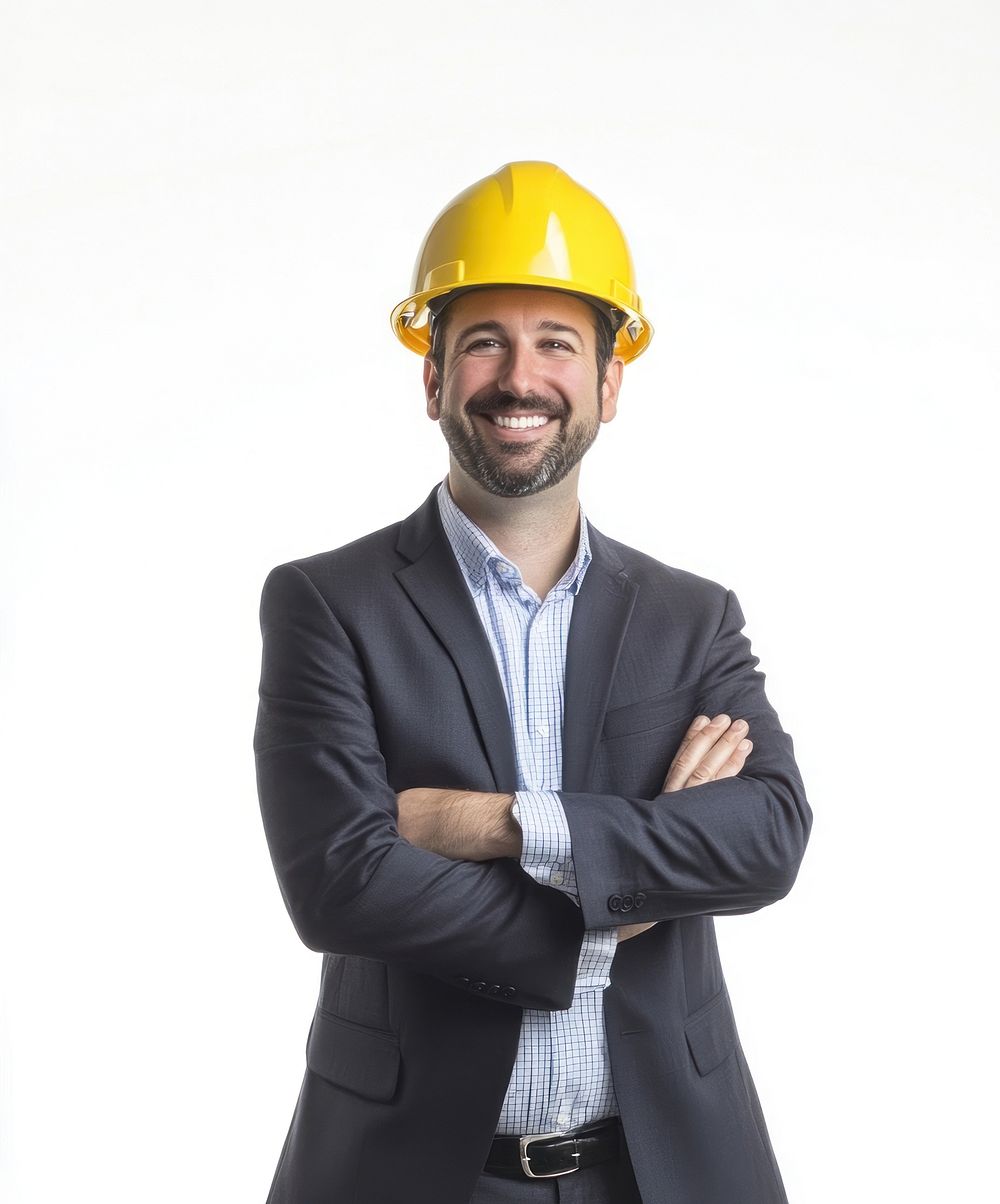 Happy engineer helmet construction portrait.