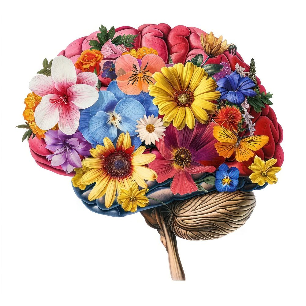 Flower Collage human brain flowers illustration art.