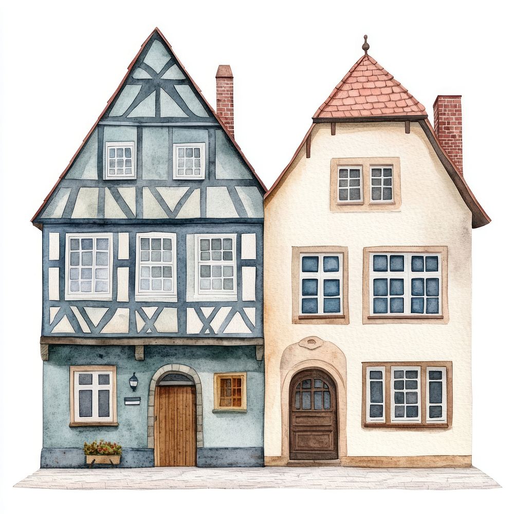 Vintage German townhouses architecture illustration watercolor.