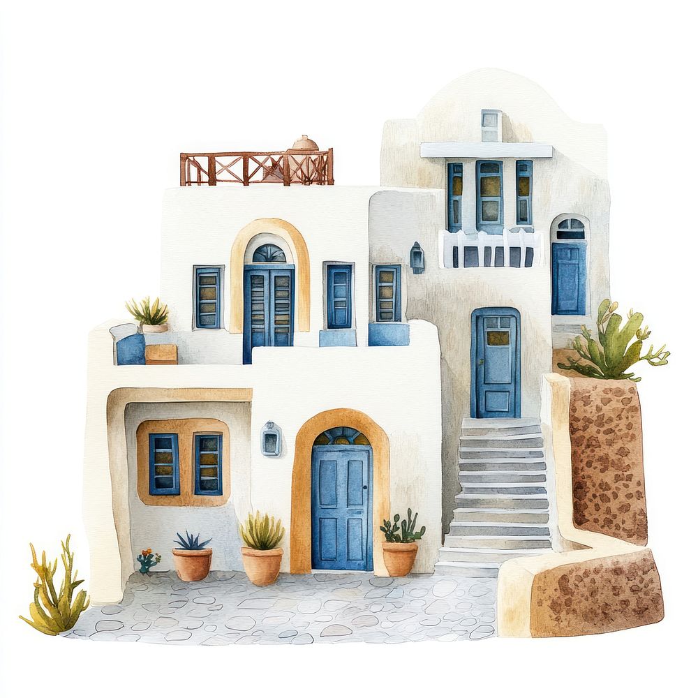 Greek Santorini townhouse houses architecture illustration.