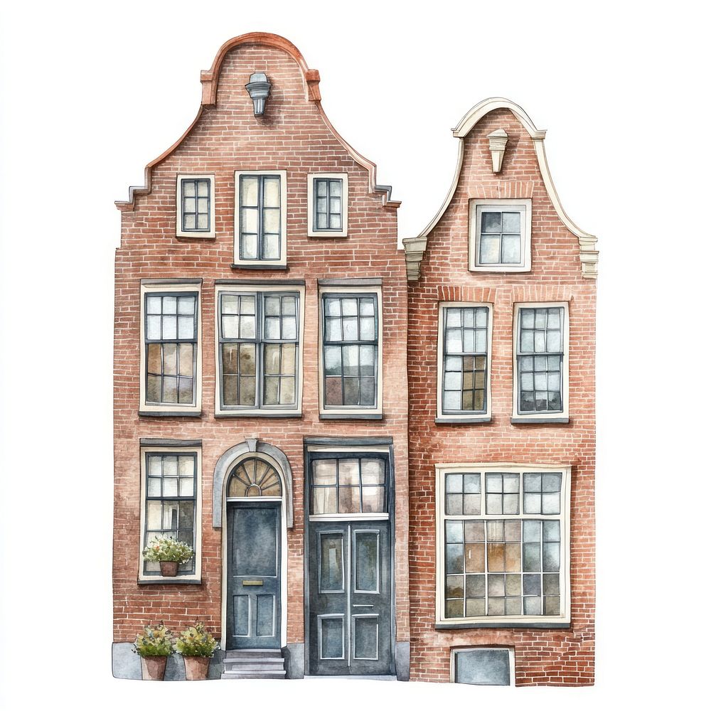 Vintage Dutch townhouses architecture illustration watercolor.