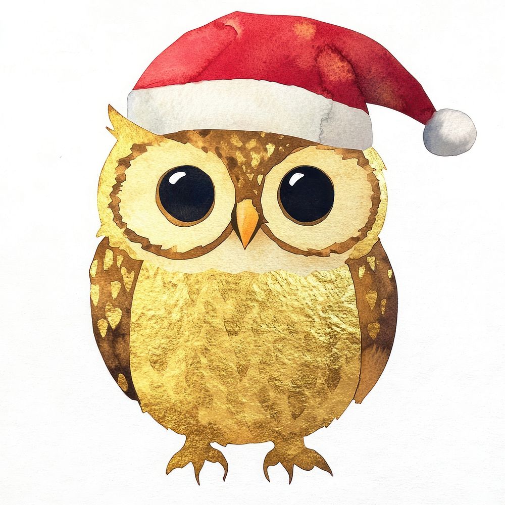 Watercolor christmas santa owl.