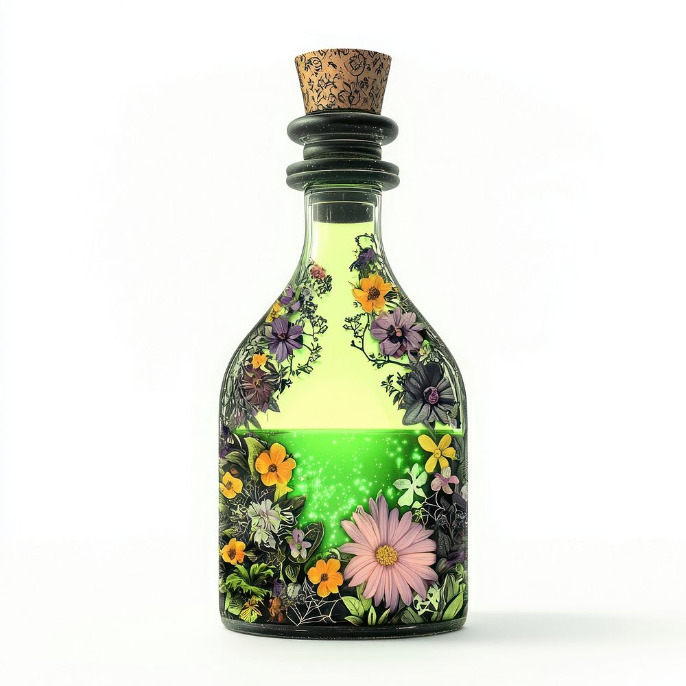 Flower Collage Halloween potion bottle illustration flowers liquid.