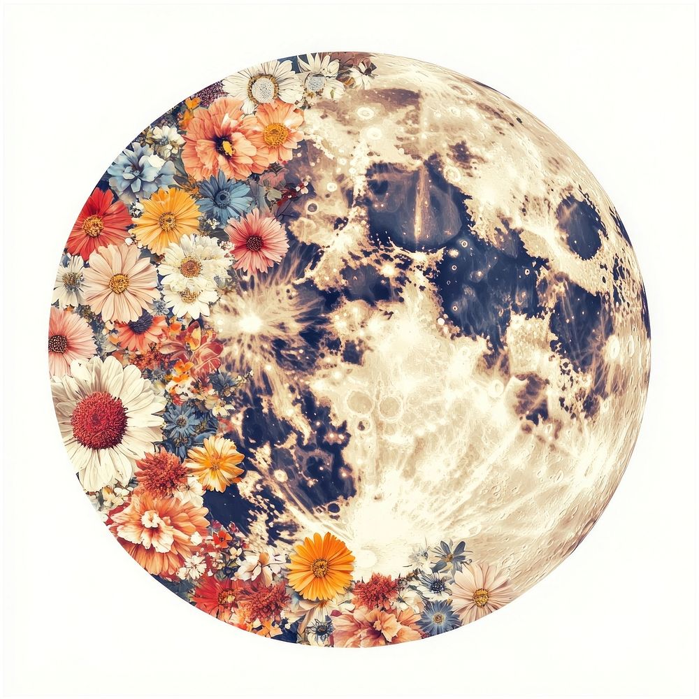 Flower Collage Halloween full moon flowers illustration art.