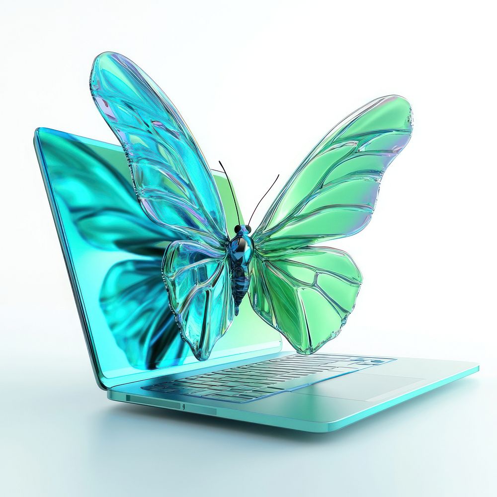 Butterfly emerging from laptop screen digital green blue.