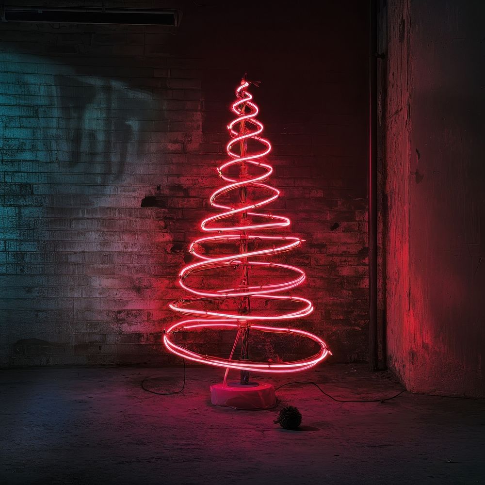 Christmas tree build of neon red light wire spiral industrial decoration.