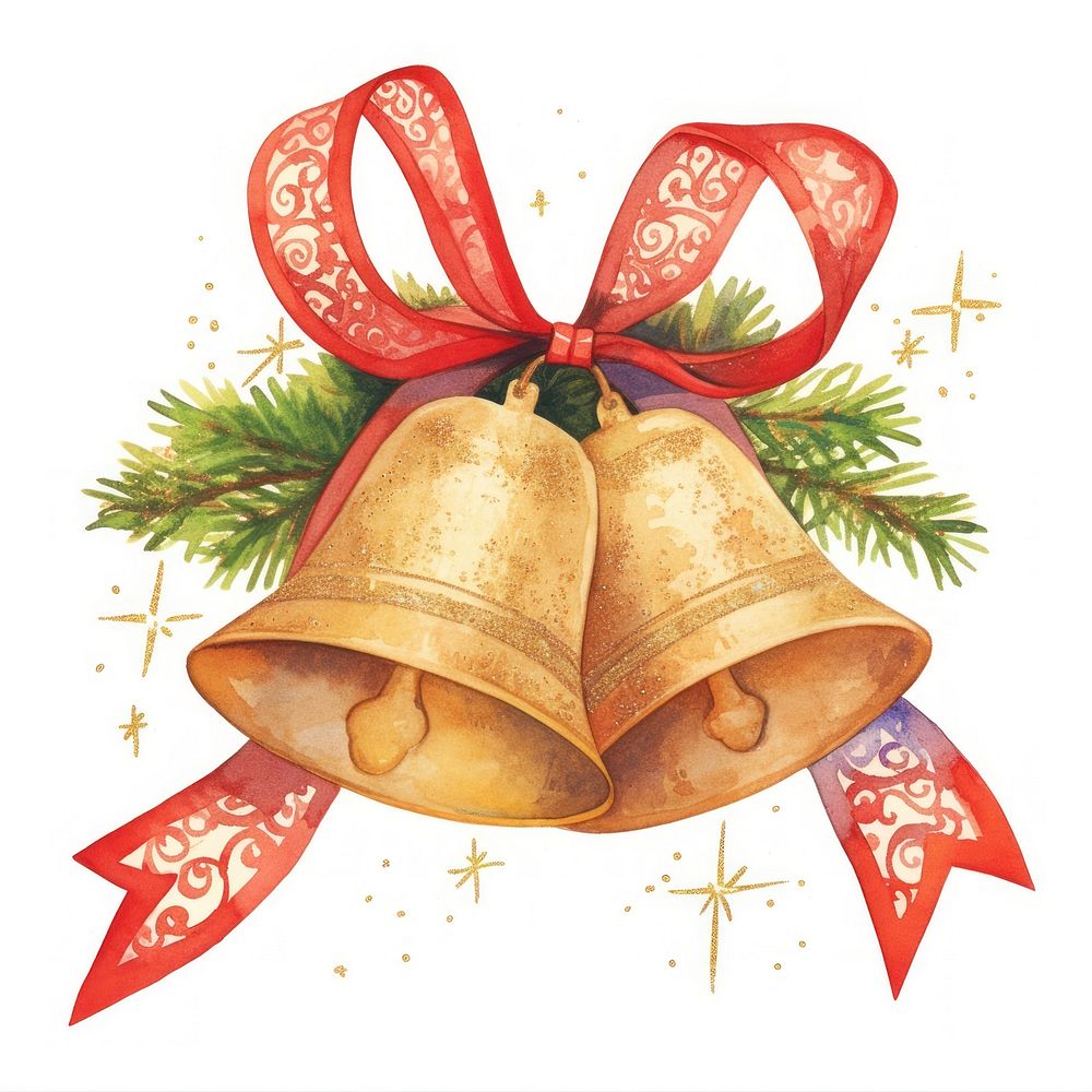 Golden bells illustration christmas ribbon.