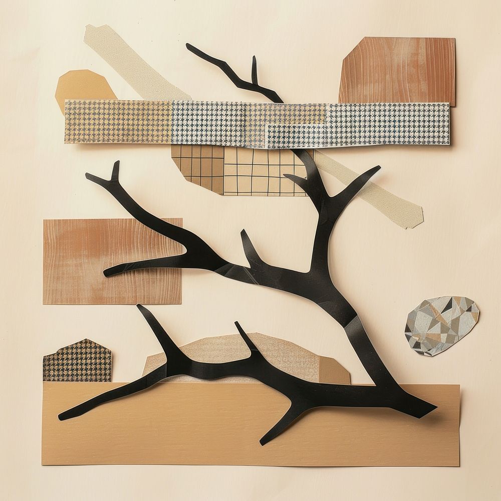 Wood branch retro paper collage abstract design art.