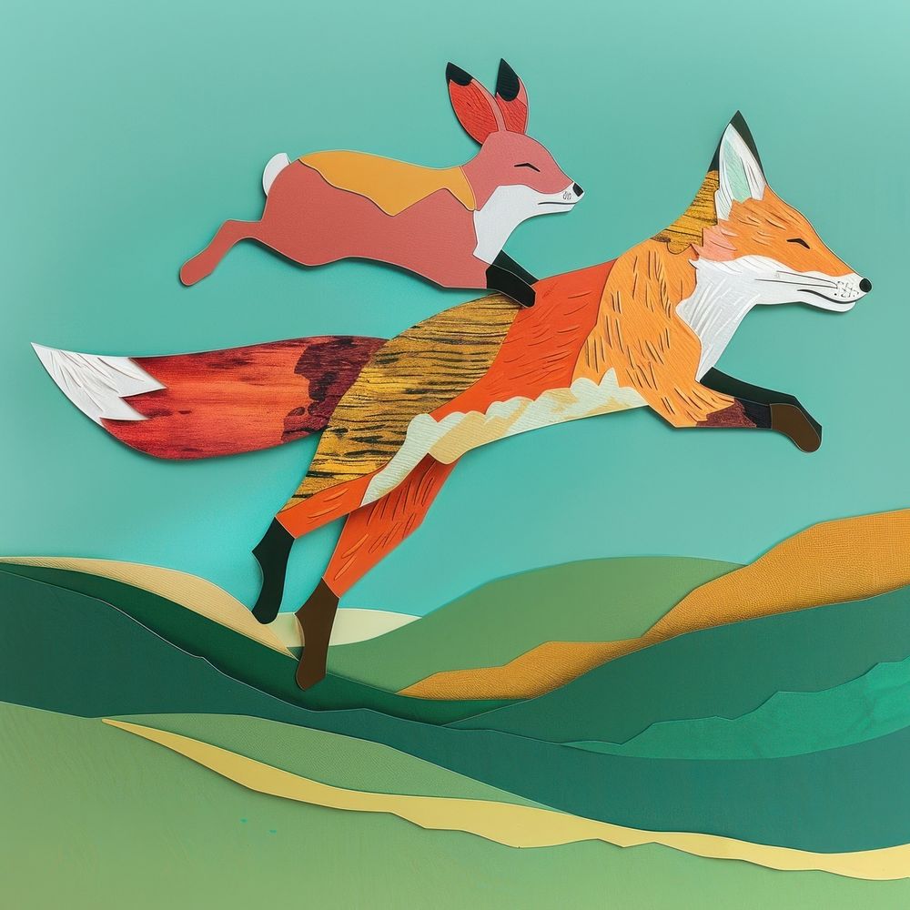 Fox and rabbit jumping illustration colorful animals.