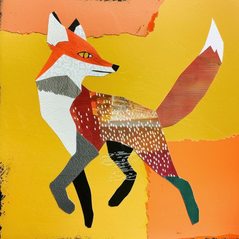 Fox jumping paper cut illustration painting colorful.