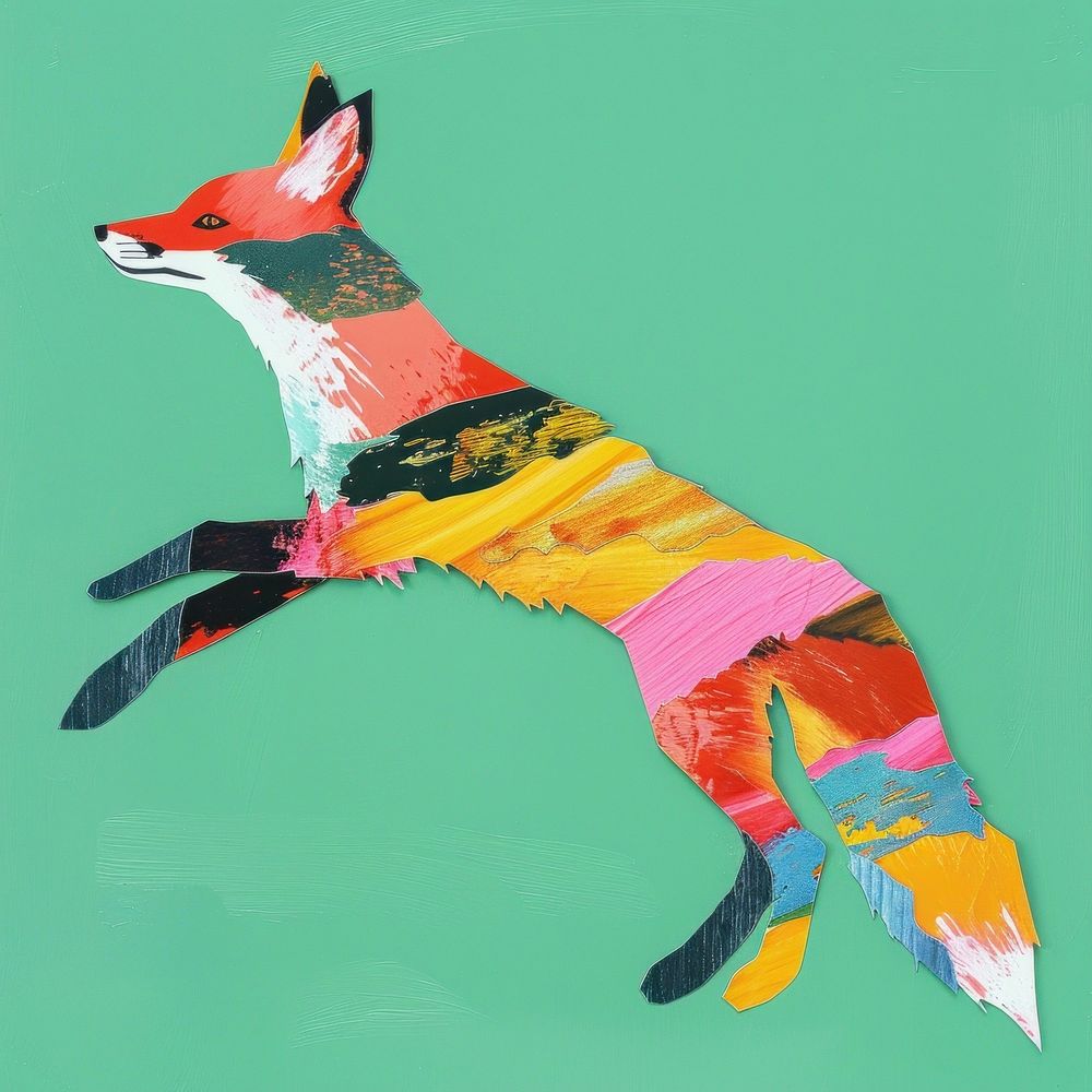 Red fox jumping paper cut illustration painting colorful.