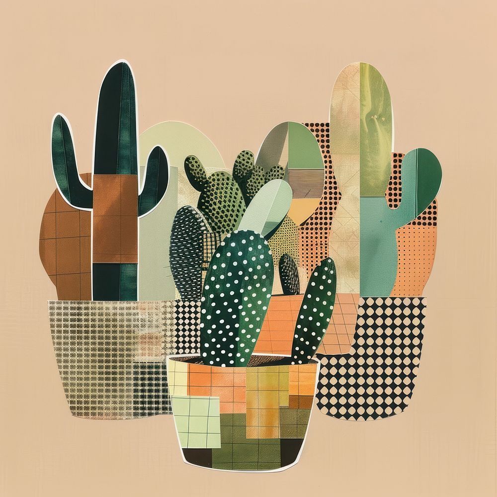 Cactus pots retro paper collage illustration abstract pattern.