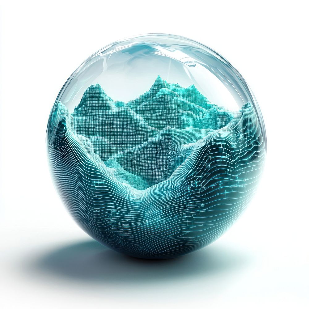 Crystal orb filled with pixelated waves aesthetics digital sphere.