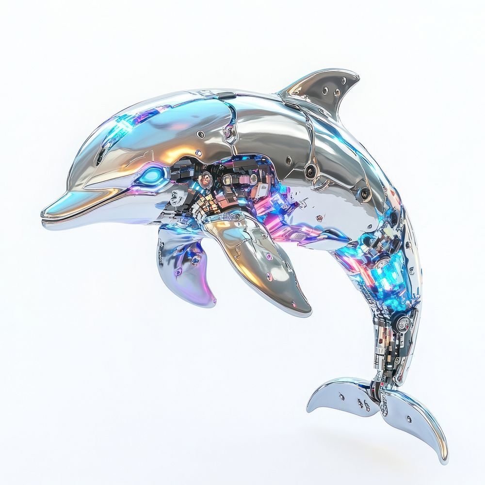 Robot dolphin swimming through a pixelated animal futuristic technology.