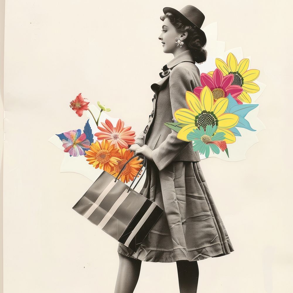 Paper collage of woman flowers colorful vintage.