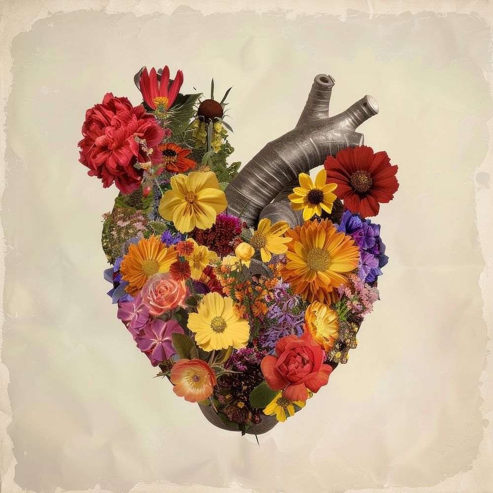 Heart with colorful vintage flowers collage style anatomical.