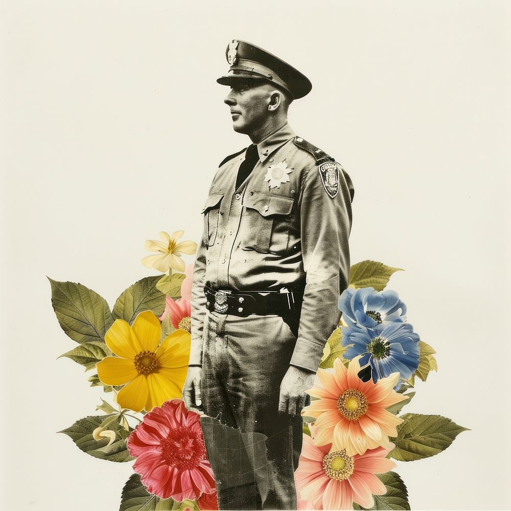 Paper collage of English policeman flowers colorful officer.