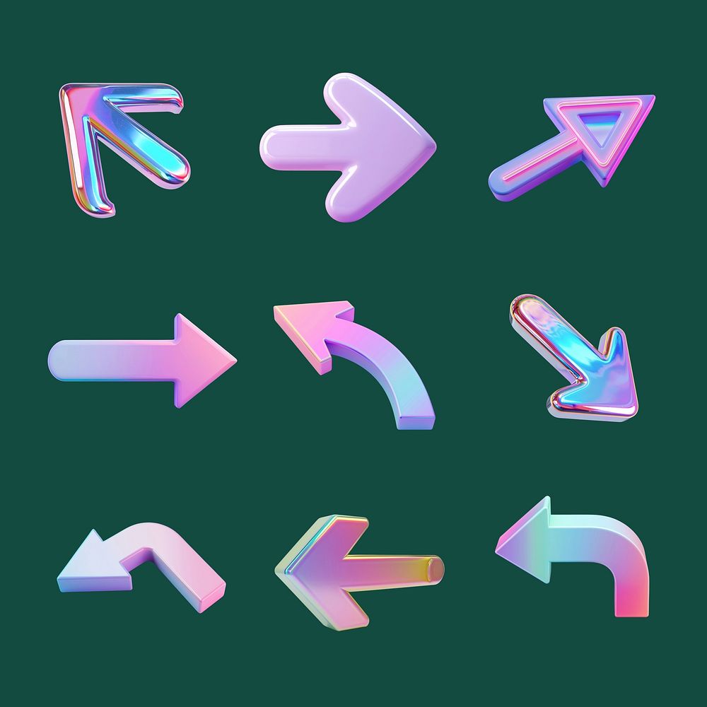 3D iridescent arrow icon design element set