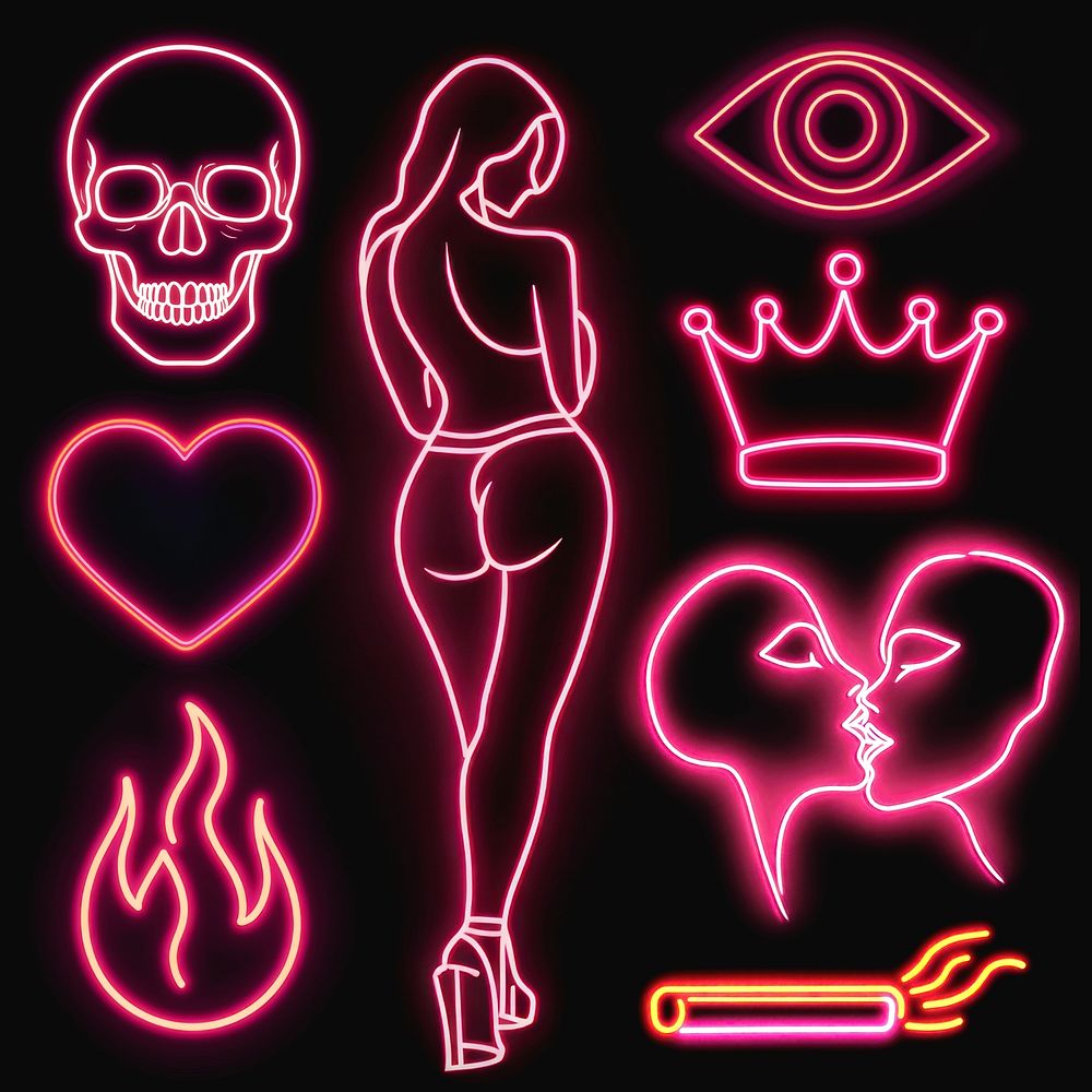 Pink neon illustration design element set psd