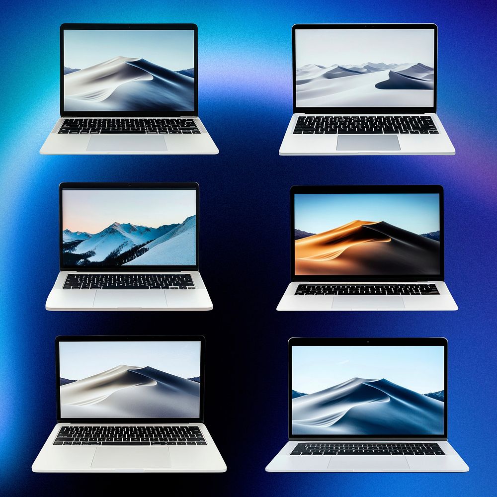 Laptop with mountain wallpaper design element set psd