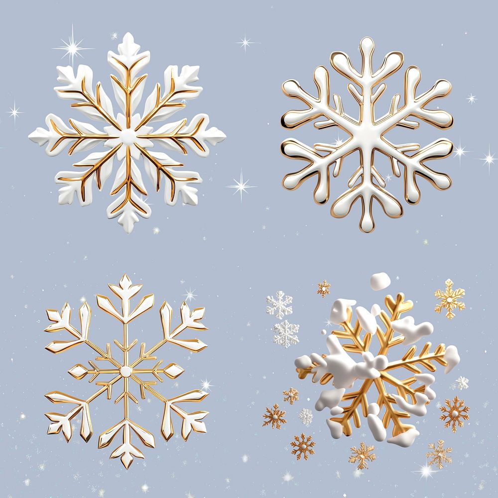 Snowflakes white gold design element set psd