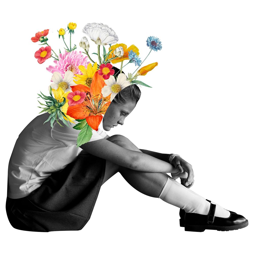 Creative collage of student girl sitting with colorful flowers emerging from her head, symbolizing creativity and…