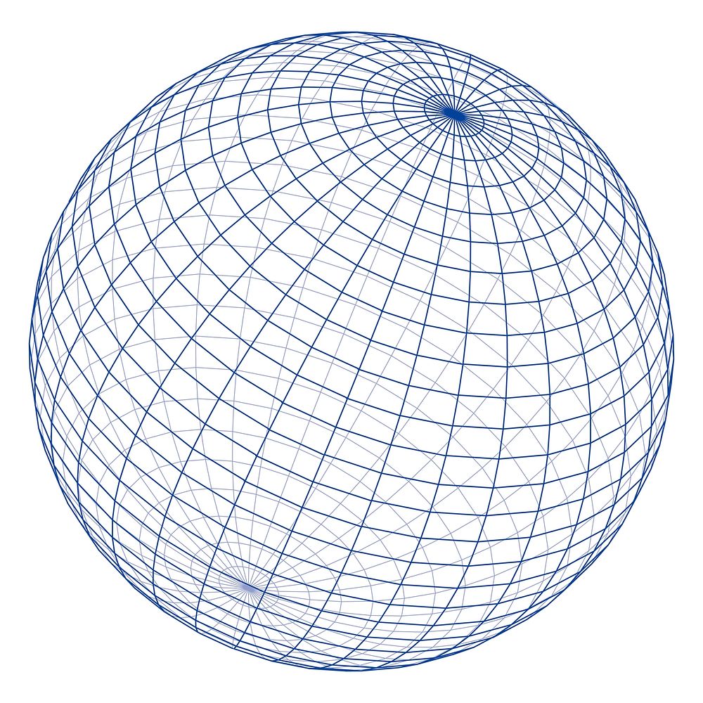 3D wireframe sphere with blue grid lines on a white background. The sphere's grid lines create a geometric pattern.…