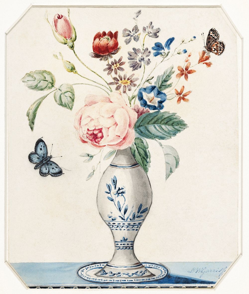 Vase with flowers and a blue butterfly (1800 - 1900) by L W Garrison. Original public domain image from The Rijksmuseum.…