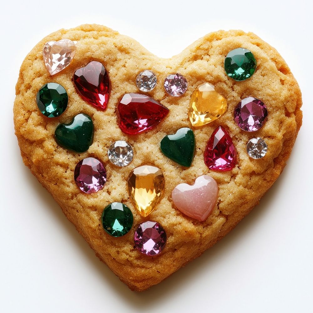 A photograph of a heart shape cookie gemstone confectionery heart-shaped.