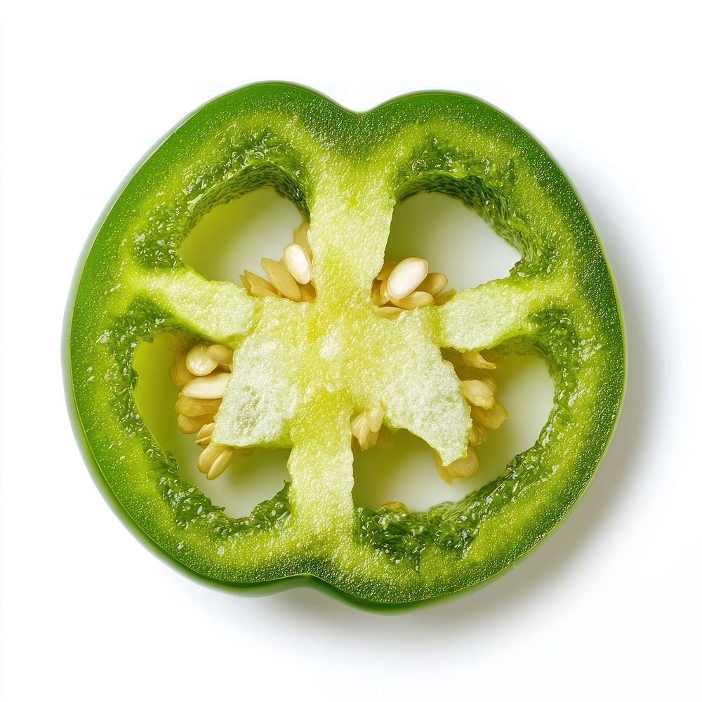 A piece of cut green bell pepper slice vegetable food ingredient.